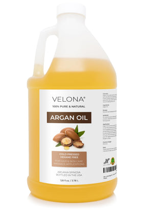 velona argan oil gallon bottle front view showing packaging and volume benefit
