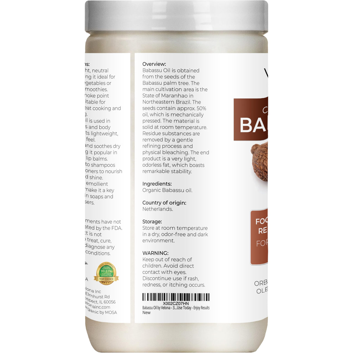 velona label close-up highlighting USDA organic seal and purity