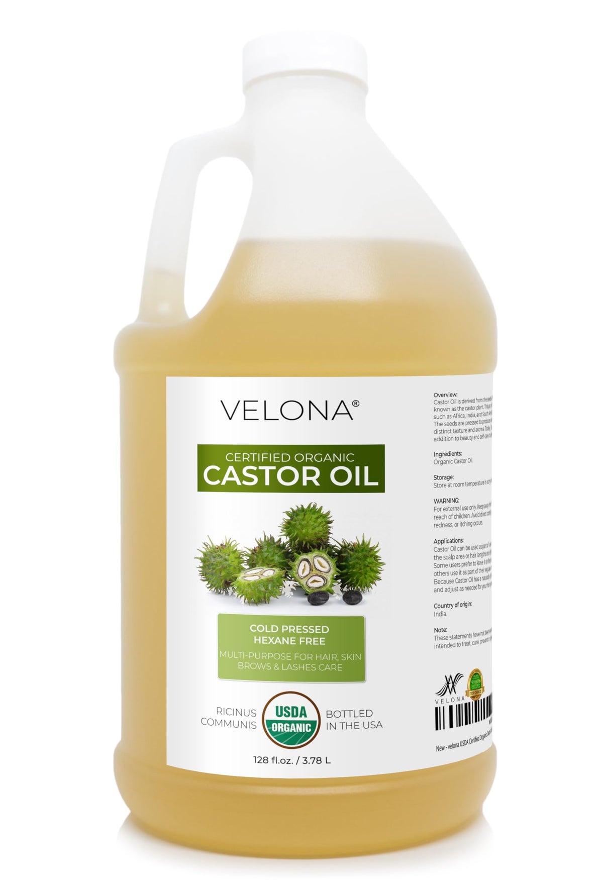 velona front packaging of gallon castor oil showing organic label and benefit