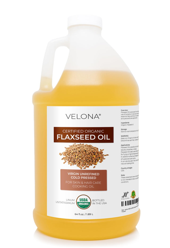 velona front label on 64 fl oz bottle showing organic certification and pure oil