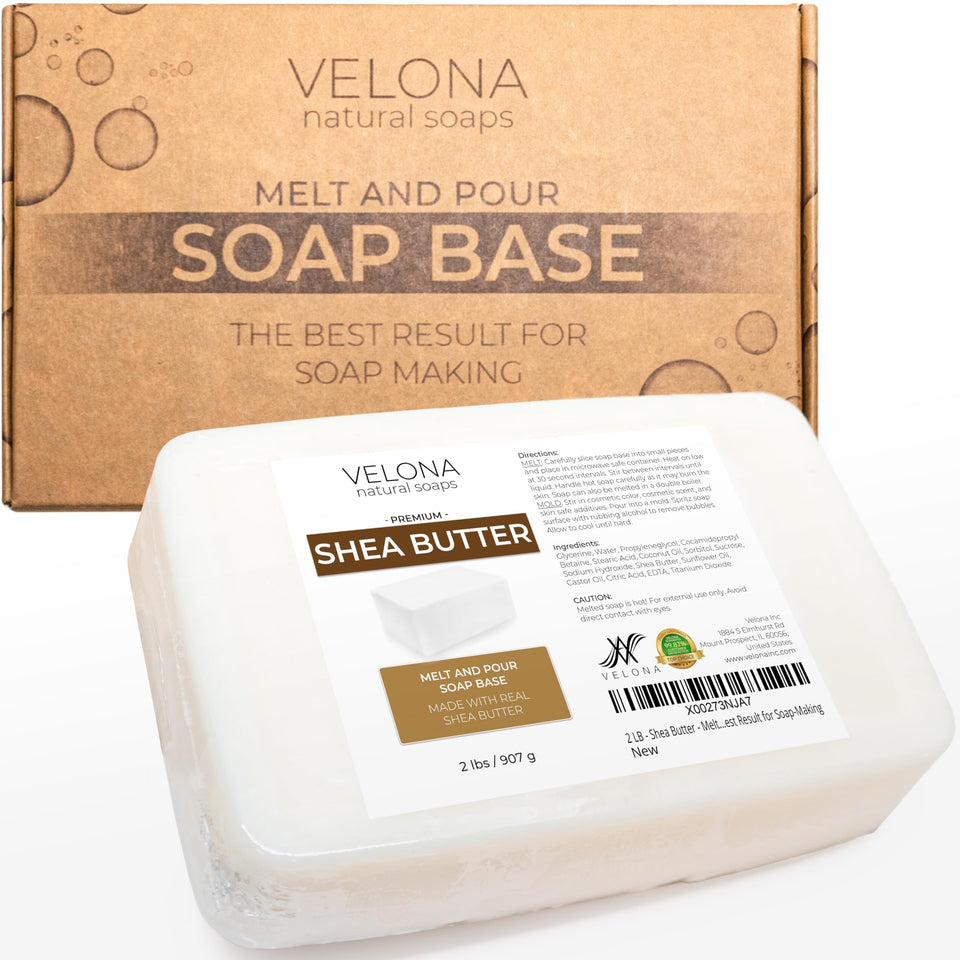 velona front packaging showing 2 lb soap base and natural benefits