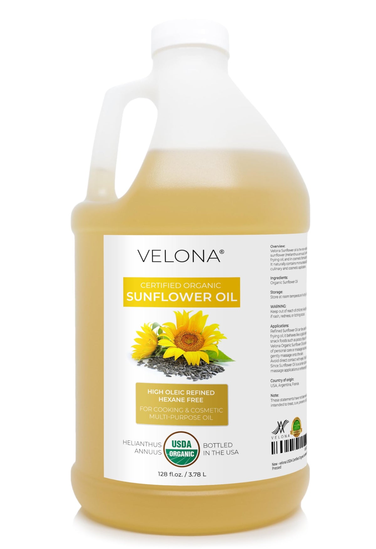 velona gallon front label showing organic certification and clear benefits