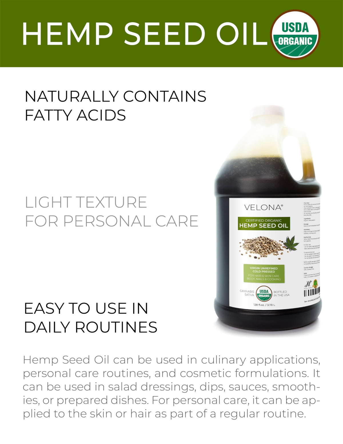 velona hemp seed oil close-up pour highlighting cold-pressed texture benefit