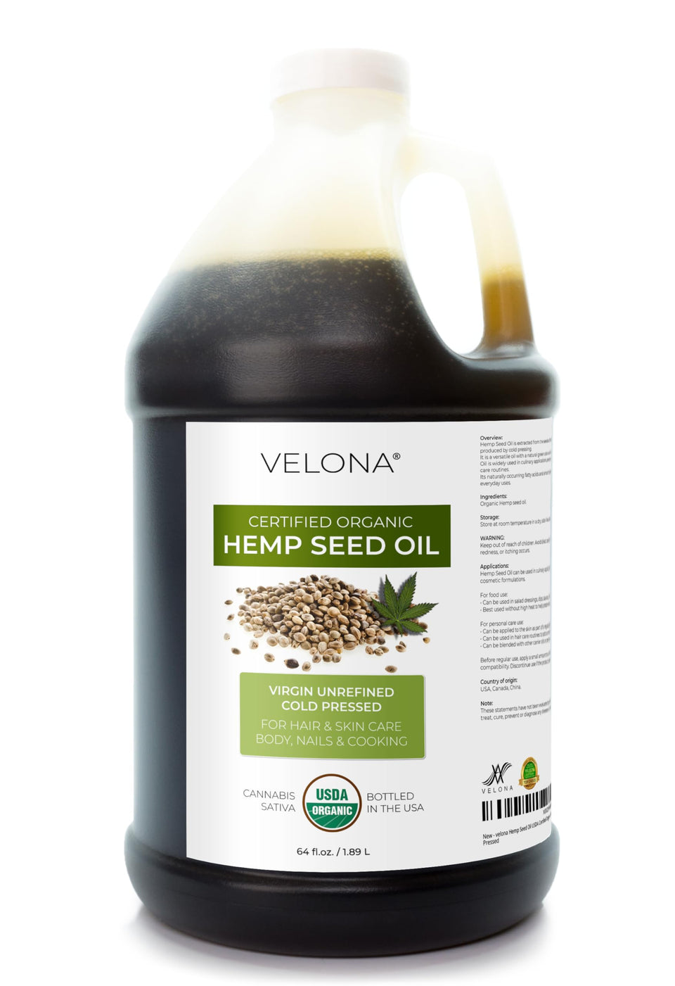 velona hemp seed oil front bottle showing label and USDA organic benefit