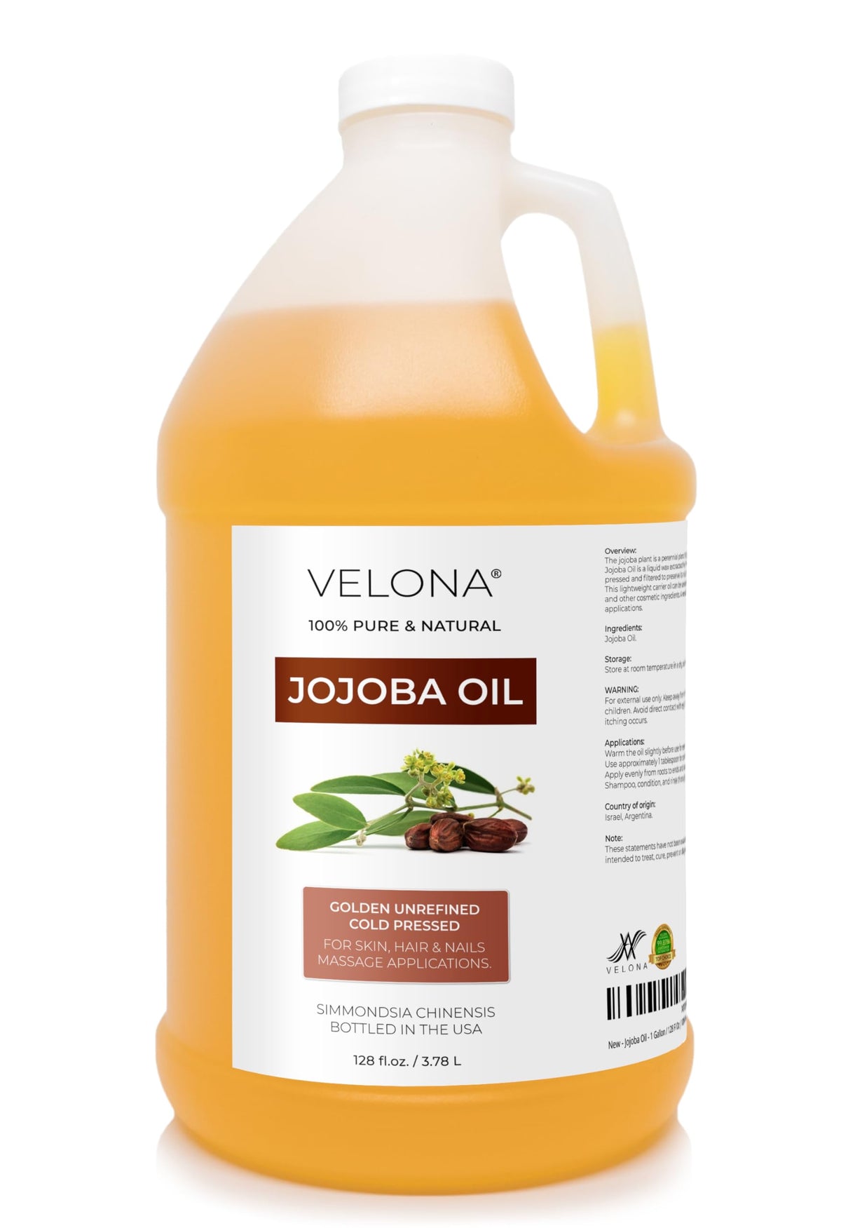 velona jojoba oil front bottle showing label and gallon size benefit economical supply