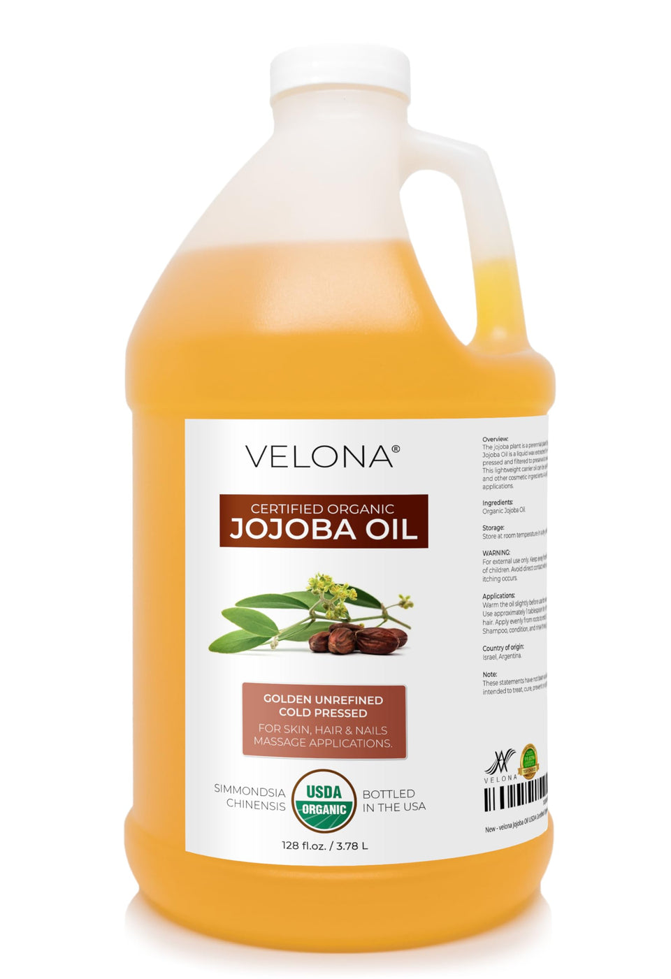 velona jojoba oil gallon front label showing organic certification and benefits