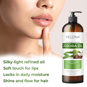 velona jojoba oil staged with skincare bottles demonstrates blending into routines benefit