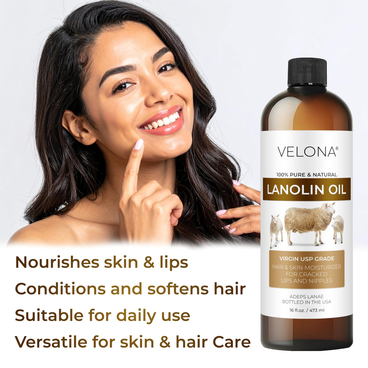 velona lanolin oil bottle with ingredients label emphasizing USP grade purity and no additives