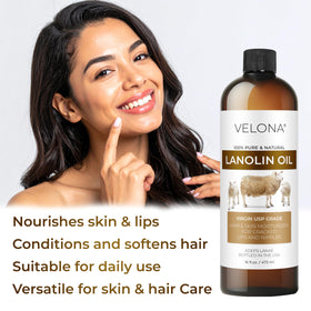 velona lanolin oil bottle with ingredients label emphasizing USP grade purity and no additives