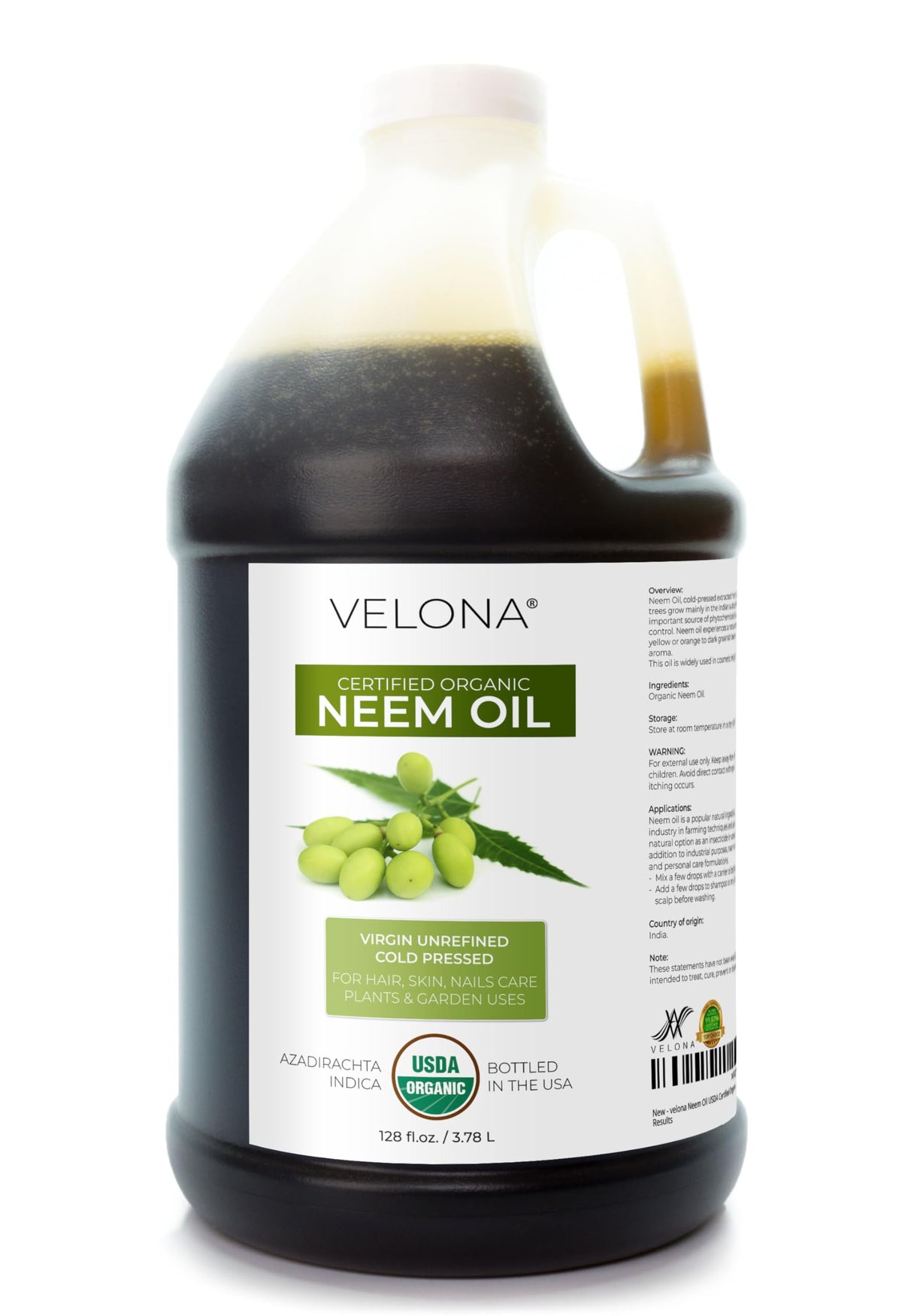 velona front label on 1-gallon neem oil bottle showing organic certification and size benefit
