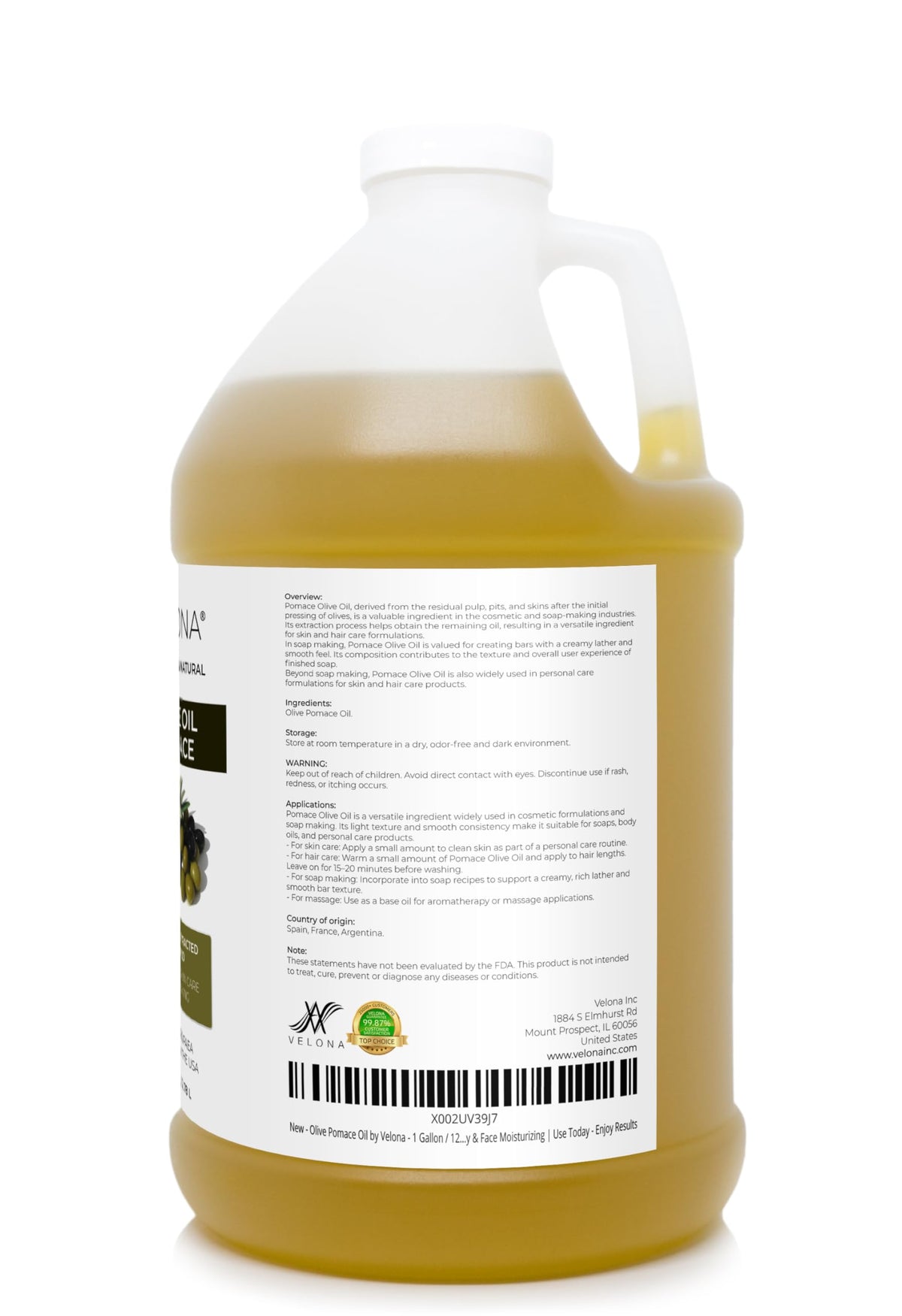 velona label close-up highlighting refined, additive-free benefits
