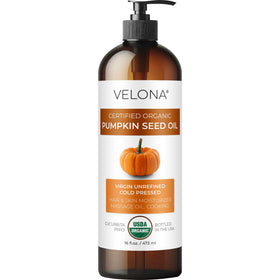 velona bottle front packaging showing organic pumpkin seed oil benefit rich flavor