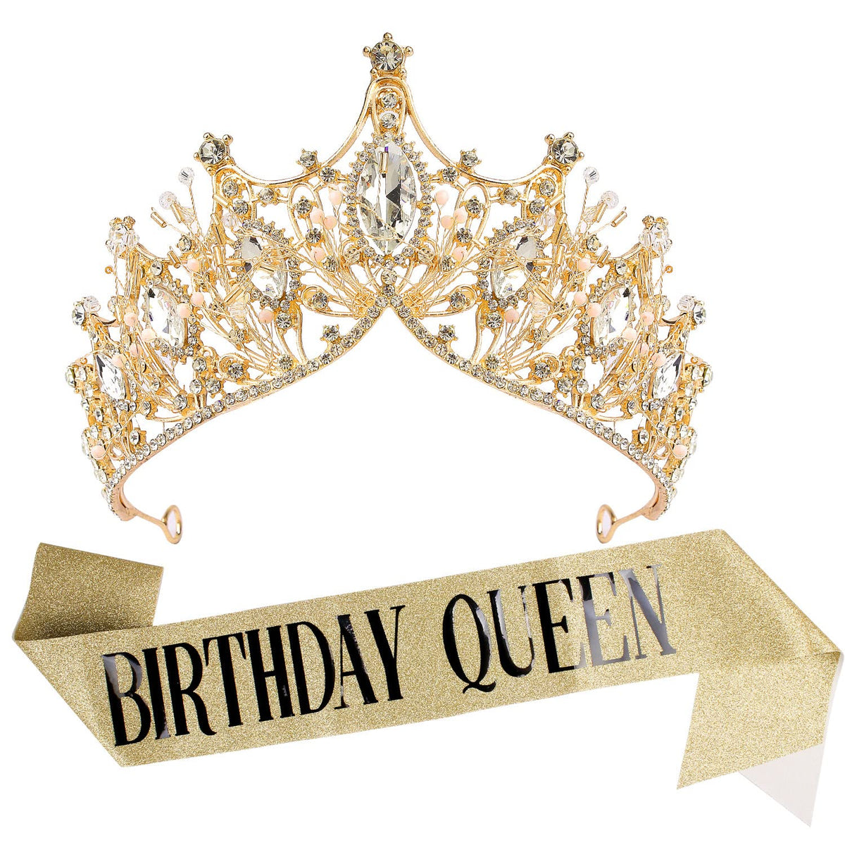 VELSCRUN crown and sash front view showing elegant celebration-ready shine