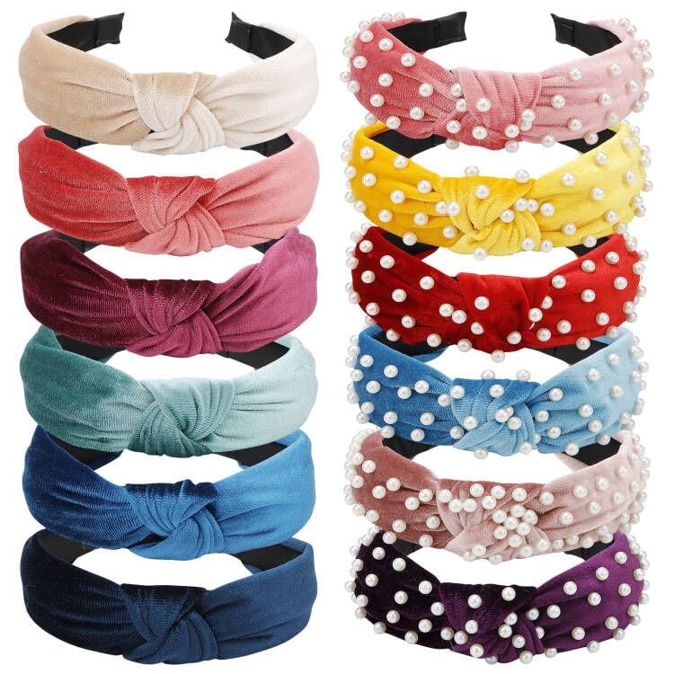 VELSCRUN front view of packaged 12-piece pearl headband set, shows variety and convenience