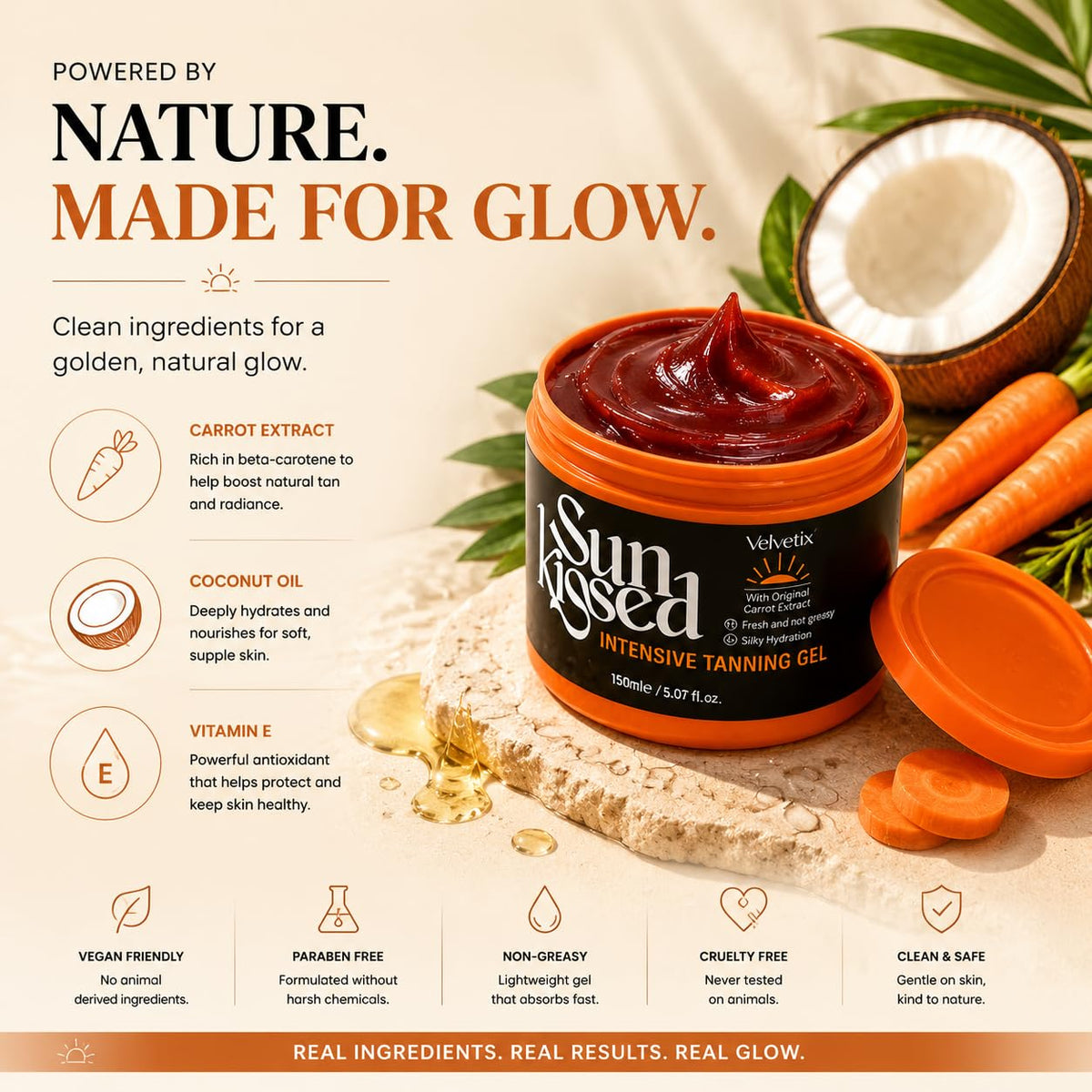 Velvetix ingredients label listing carrot oil coconut oil vitamin E and aloe