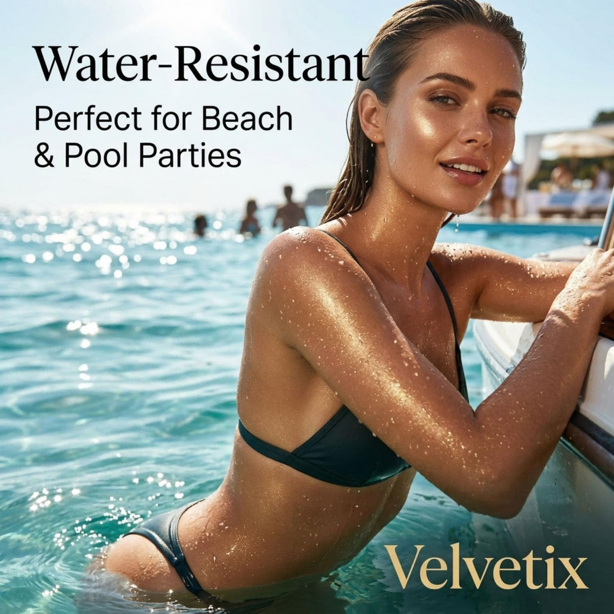 Velvetix used on beach illustrating bronzing and soothing effect