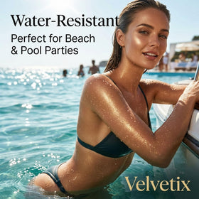 Velvetix used on beach illustrating bronzing and soothing effect