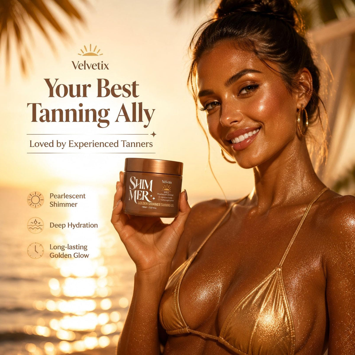 Velvetix water-resistant test at poolside showing lasting shimmer