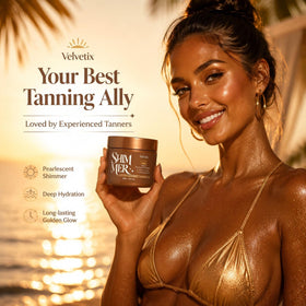 Velvetix water-resistant test at poolside showing lasting shimmer