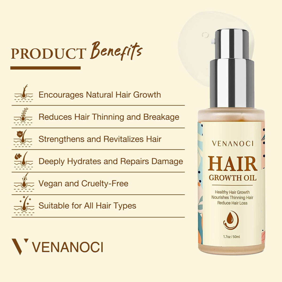 Venanoci oil texture close-up, lightweight formula that absorbs without residue