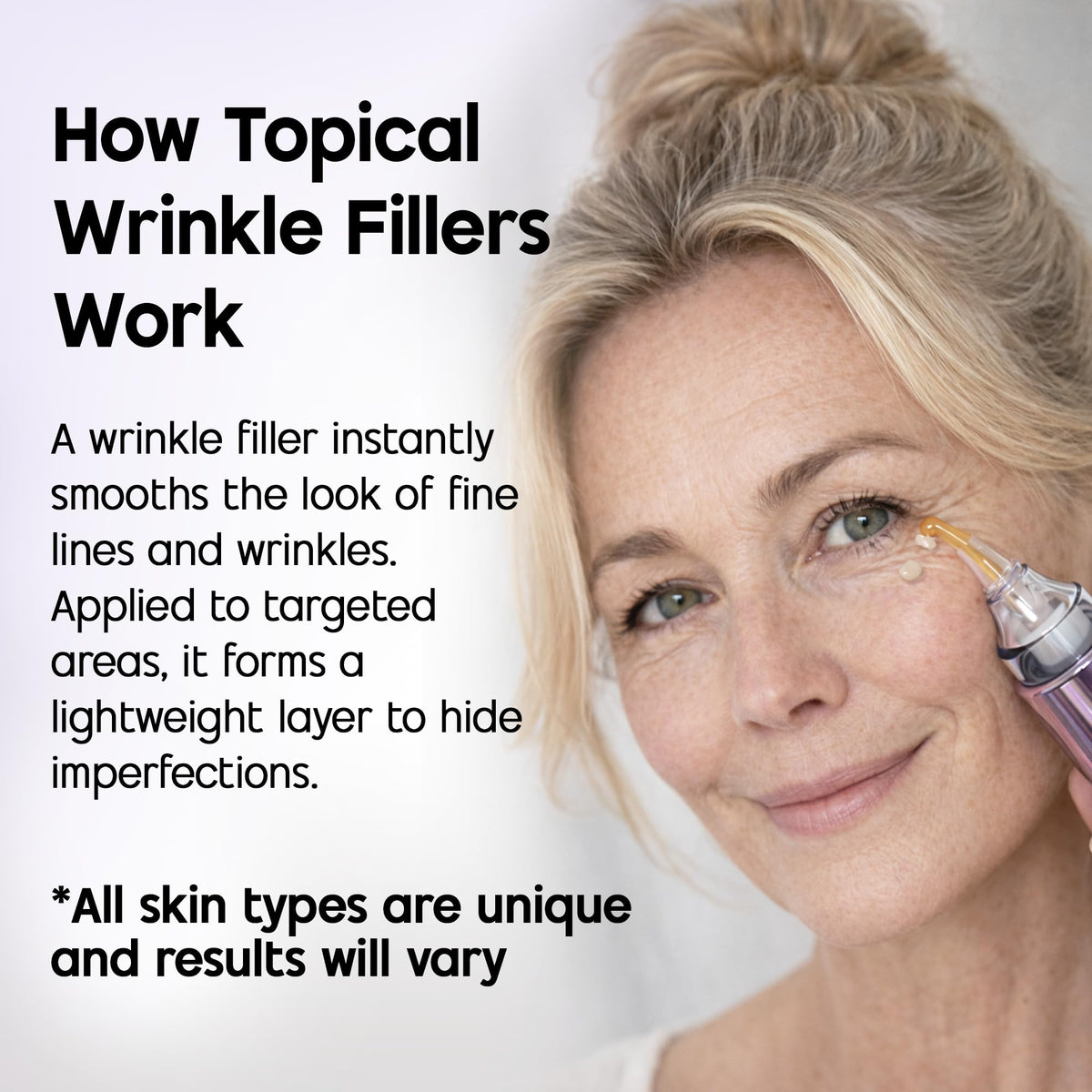 Venofye being applied under eye demonstrating quick smoothing and temporary tightening
