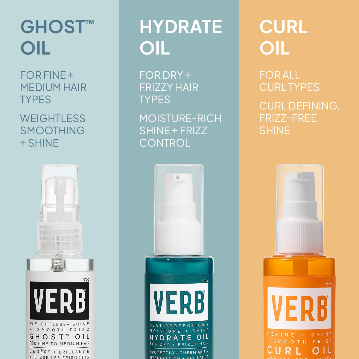 VERB curl oil ingredient bottles showing almond, argan, and castor oils