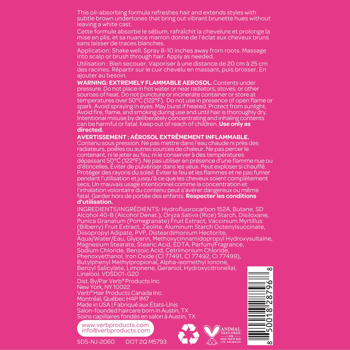 VERB ingredients label view emphasizing plant extracts and no parabens for safer use