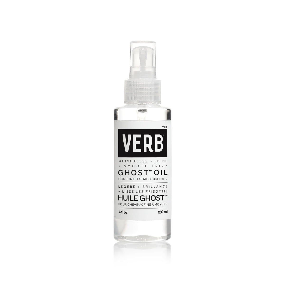 VERB front bottle view showing compact design and clear label, conveys lightweight benefit