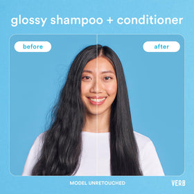 VERB before and after hair shine comparison shows enhanced gloss