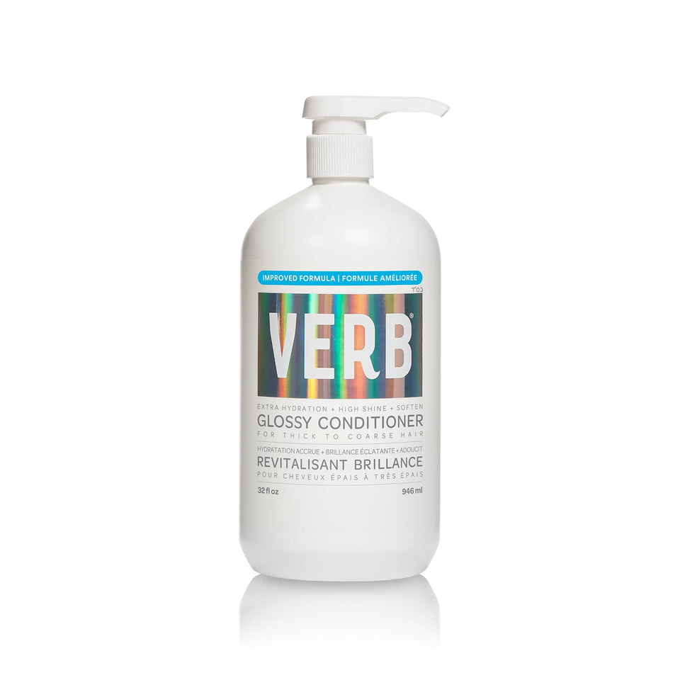 VERB glossy conditioner front bottle showing large 32 fl oz size and salon-ready benefit