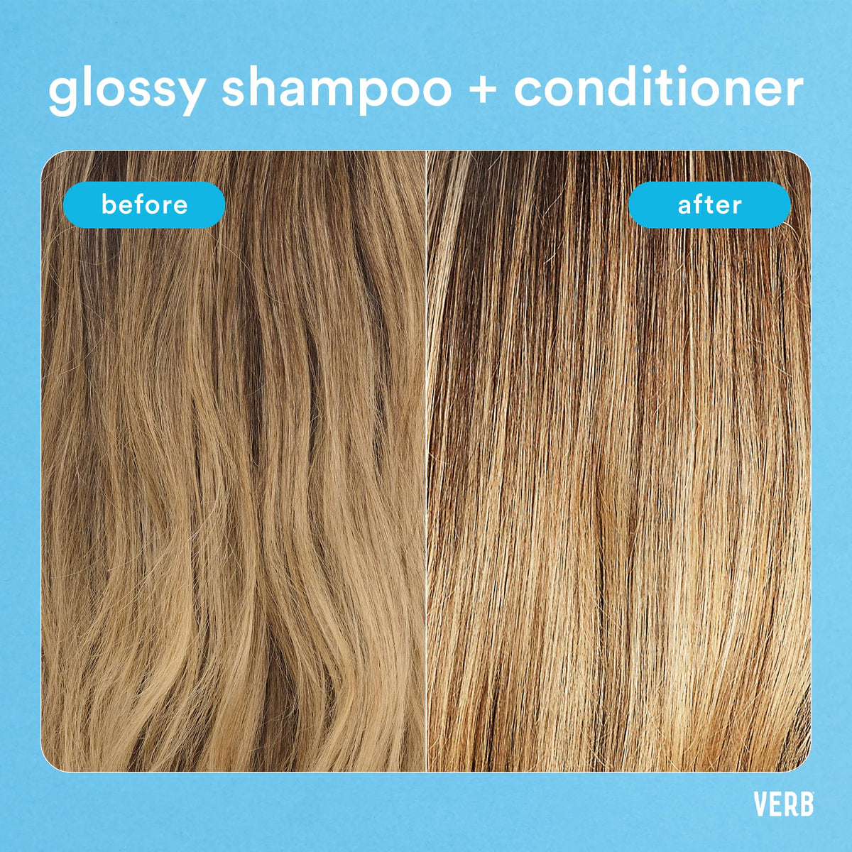 VERB conditioner next to glossy shampoo to show pairing for enhanced shine benefit