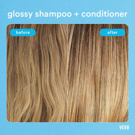 VERB conditioner next to glossy shampoo to show pairing for enhanced shine benefit