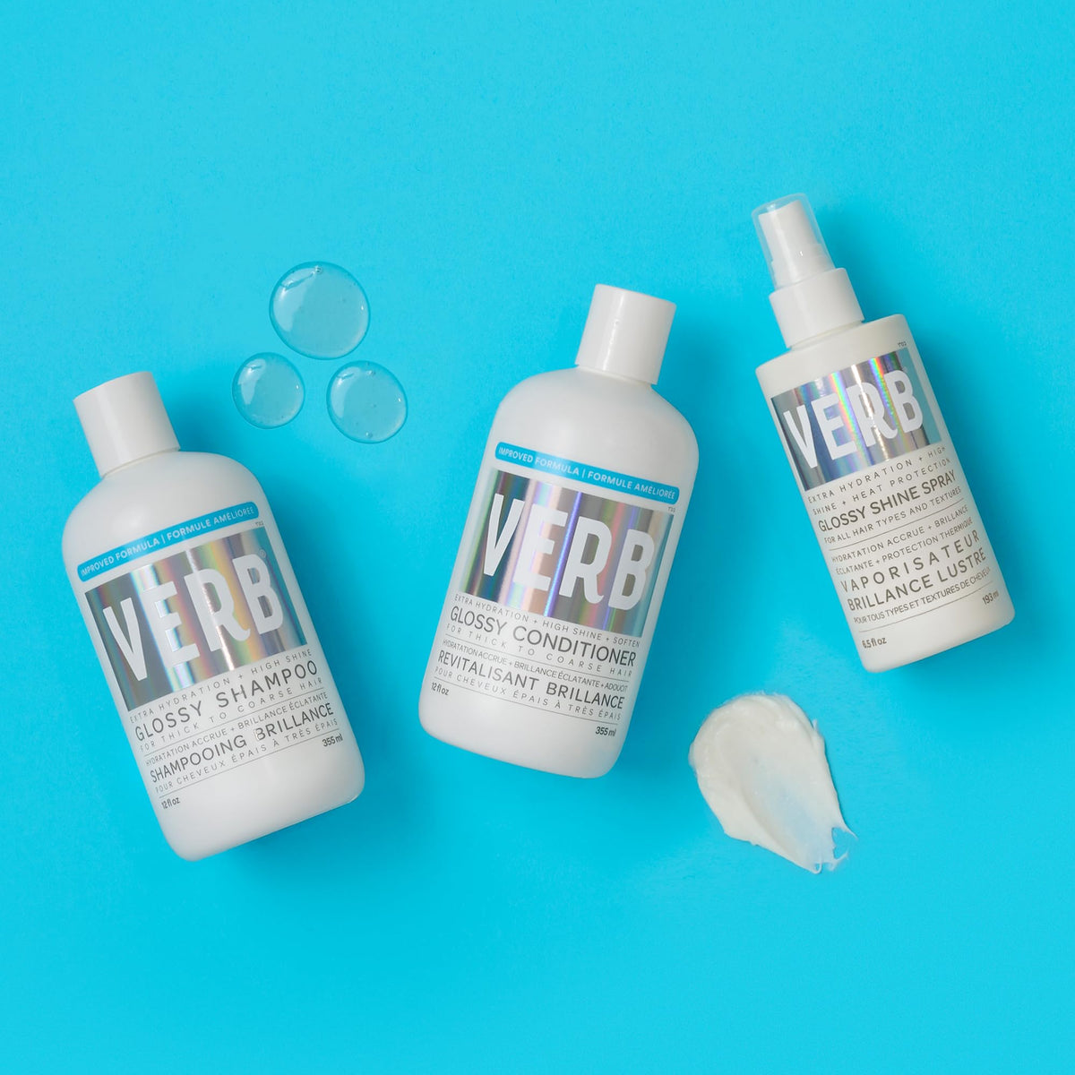 VERB glossy in-shower use showing hair lathered for effective cleansing benefit
