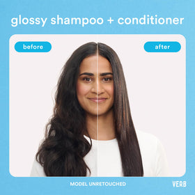 VERB glossy shampoo back label close-up showing ingredients and benefits
