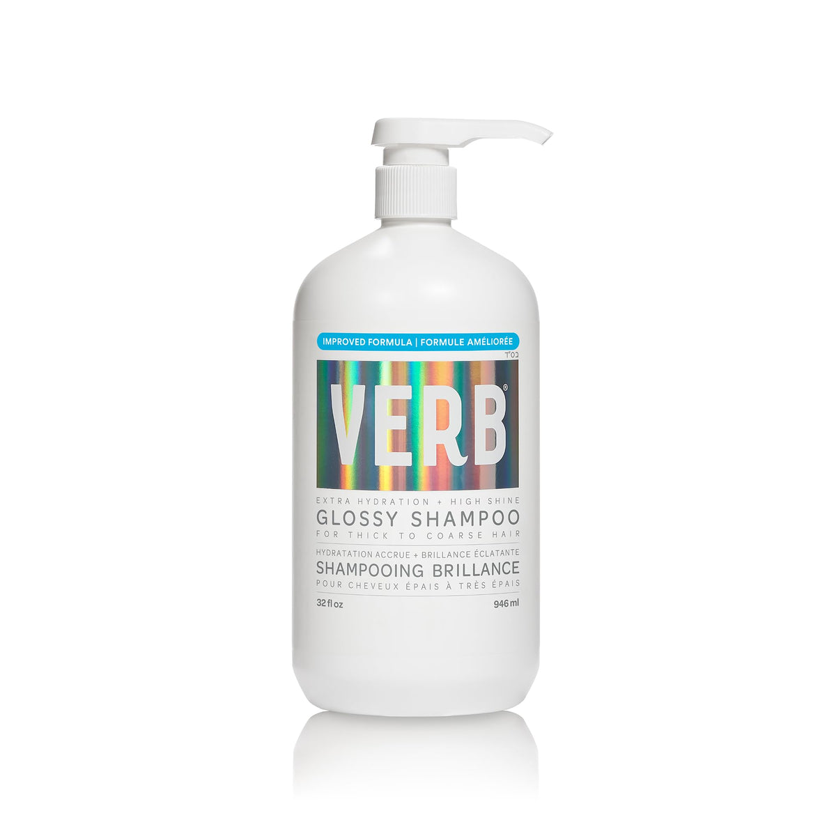 VERB bottle front view showing glossy shampoo and clean design benefit shine