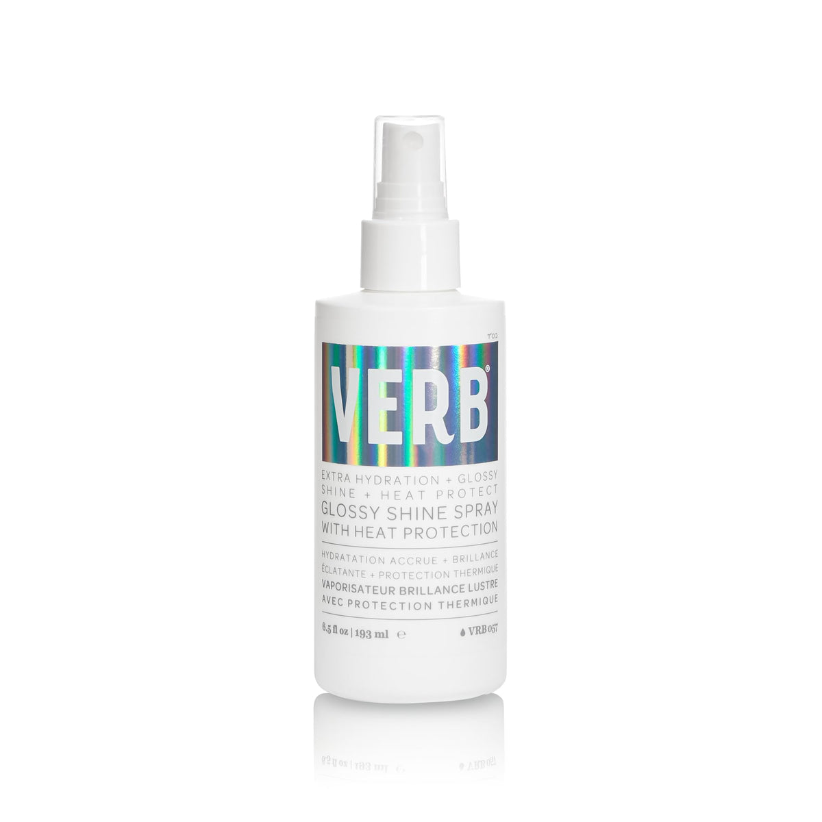 VERB front packaging of Glossy Shine Spray showing bottle and label benefits