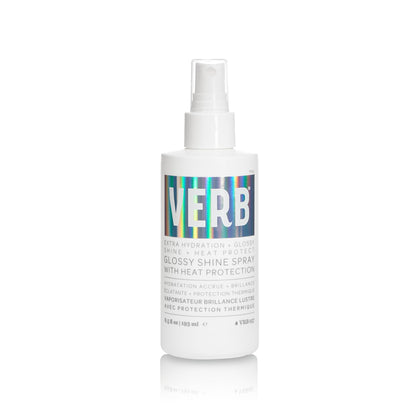 VERB front packaging of Glossy Shine Spray showing bottle and label benefits