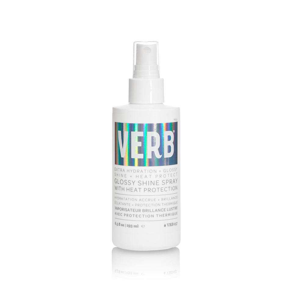 VERB front packaging of Glossy Shine Spray showing bottle and label benefits