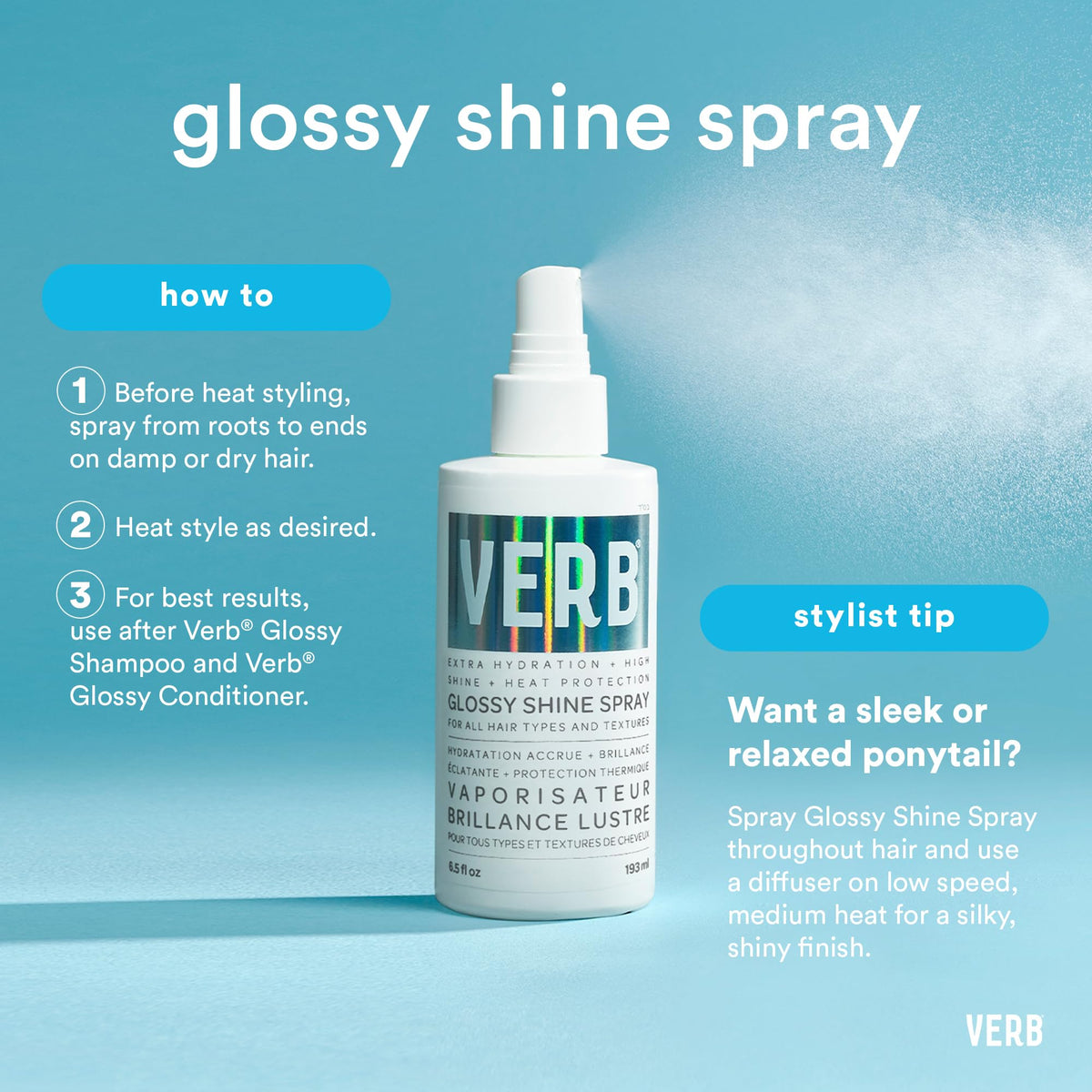 VERB close-up of Glossy Shine Spray nozzle demonstrating easy misting