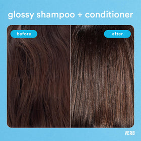 VERB glossy styled lifestyle shot showing glossy hair and polished finish benefit