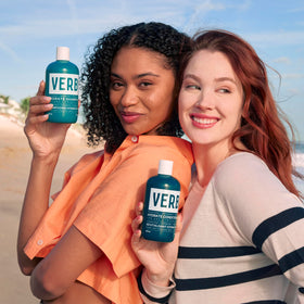 VERB hydrate conditioner on bathroom vanity portraying clean-beauty routine