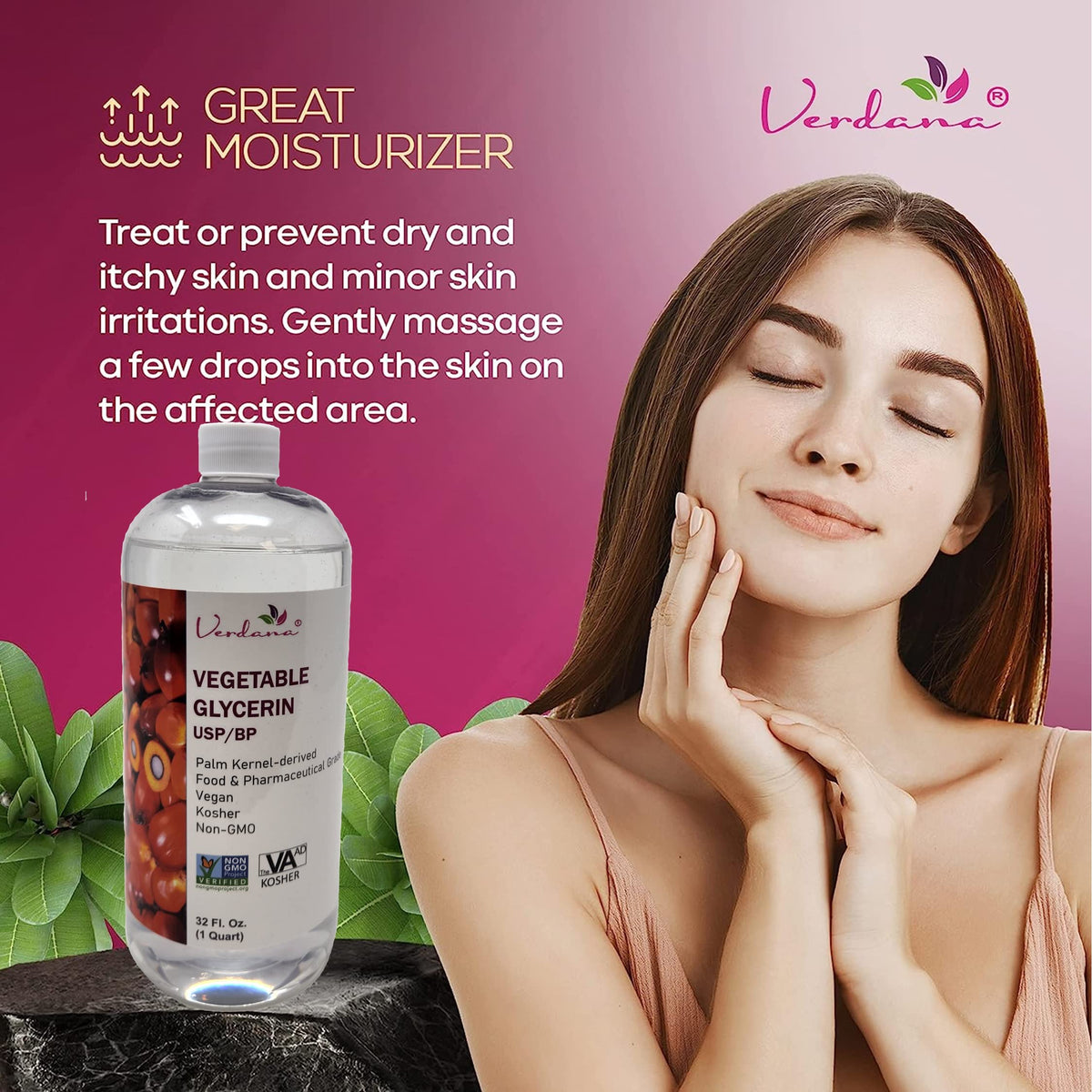 Verdana bottle closeup label highlighting USP food grade and purity benefit