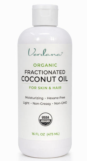 Verdana front bottle showing clear organic fractionated coconut oil and label benefits