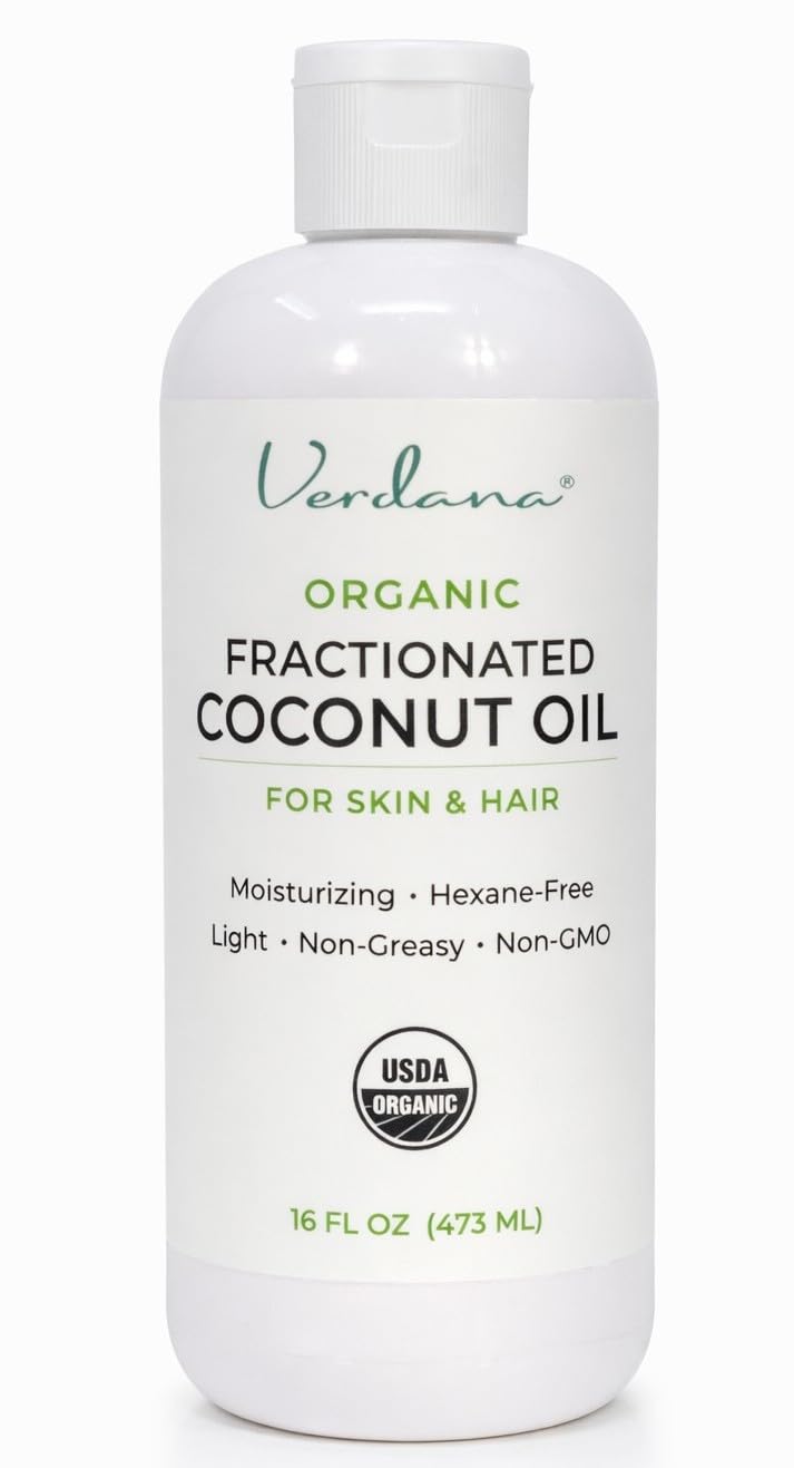 Verdana front bottle showing clear organic fractionated coconut oil and label benefits