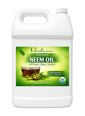 Verdana neem oil front jug showing full gallon packaging and clear label benefit