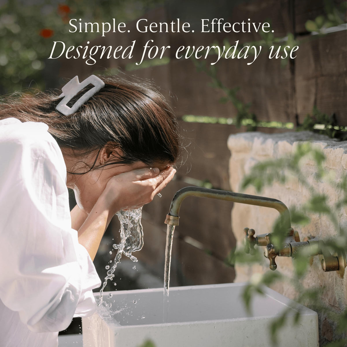 Verli cleanser in bathroom setting suggesting daily routine and calm skincare benefit