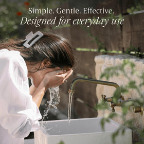 Verli cleanser in bathroom setting suggesting daily routine and calm skincare benefit
