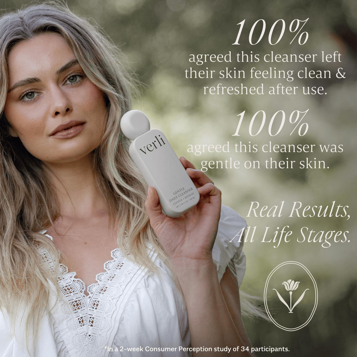 Verli cleanser being dispensed from pump showing easy controlled use benefit