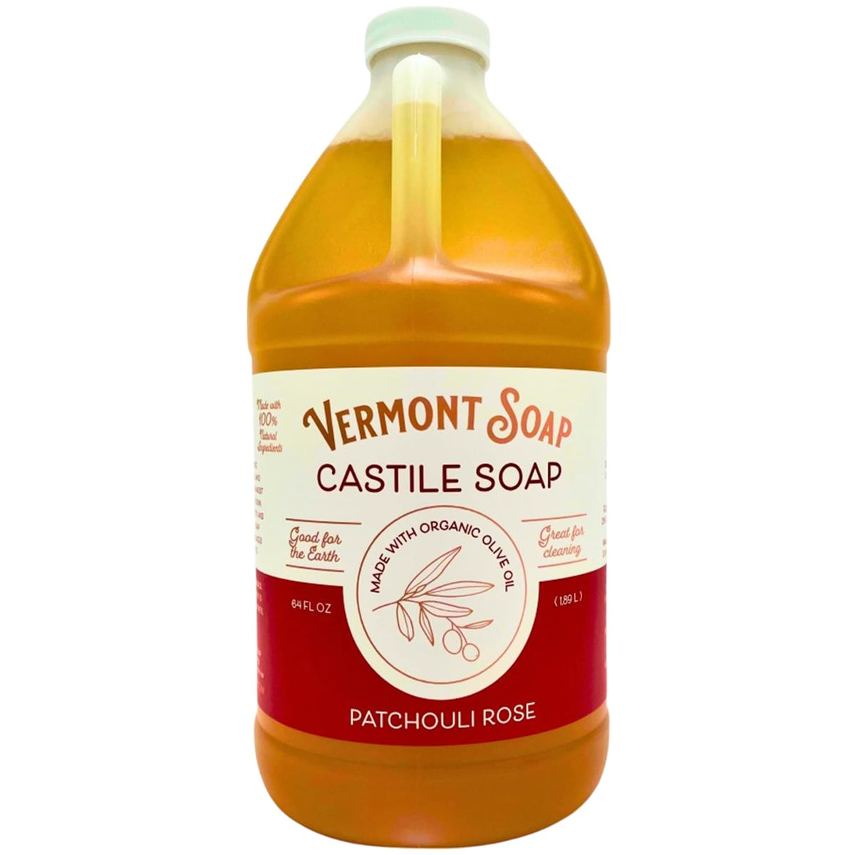 Vermont Soap patchouli rose front bottle showing label and size, clear organic benefit