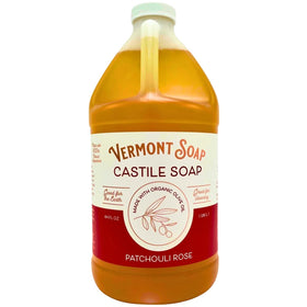 Vermont Soap patchouli rose front bottle showing label and size, clear organic benefit
